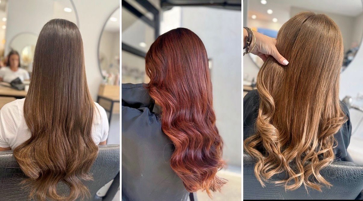 Trois réalisations : brun lumineux, roux cuivré, blond miel
